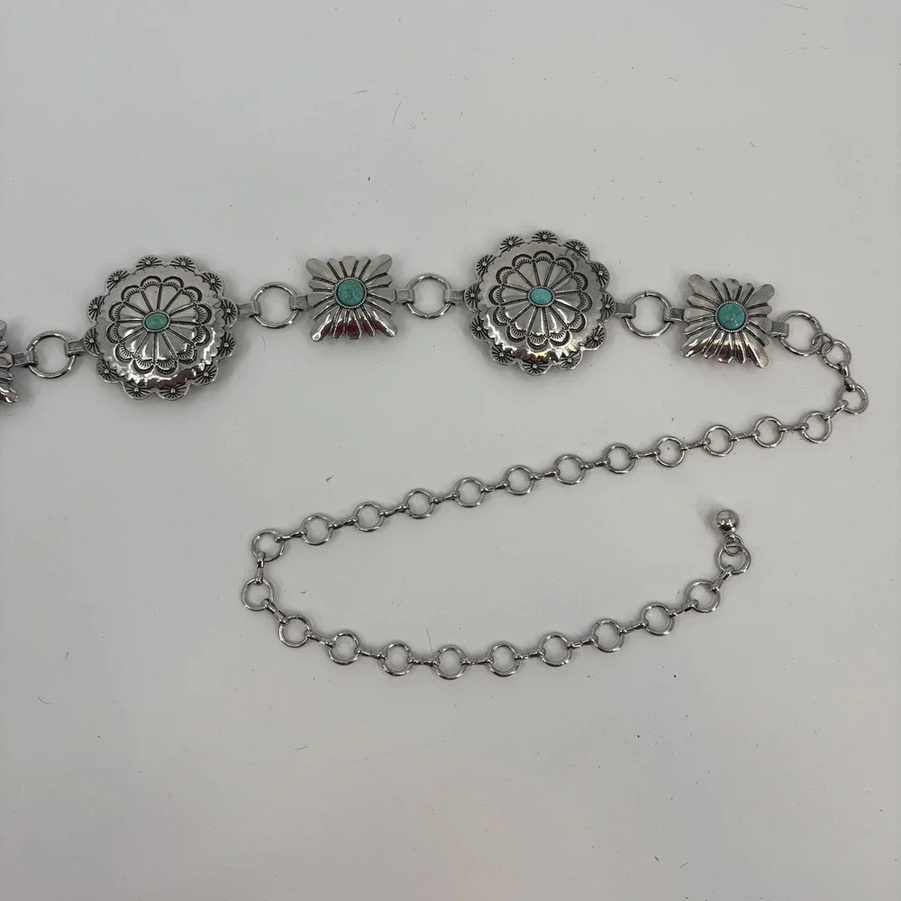 Austin West Concho Chain Belt Women XL Silver Turquoise Southwestern Adjustable